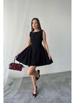 Siyah Mini Boy Büzgülü Keten Elbise