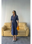 TENCEL ÖNDEN DÜĞMELİ KISA KOL ELBİSE - Mavi