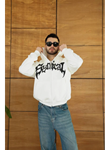 Erkek Kapüşonlu Sweatshirt Hoodie 3 İplik Şardonlu Pamuklu Kumaş, Önü Baskılı, Fermuarlı Rahat Kalıp, Kışlık Ve Sokak Stili Sweat - Beyaz