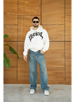 Erkek Kapüşonlu Sweatshirt Hoodie 3 İplik Şardonlu Pamuklu Kumaş, Önü Baskılı, Fermuarlı Rahat Kalıp, Kışlık Ve Sokak Stili Sweat - Beyaz
