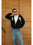 Erkek Kapüşonlu Sweatshirt  Hoodie 3 İplik Şardonlu Pamuklu Kumaş, Önü Baskılı, Fermuarlı Rahat Kalıp, Kışlık Ve Sokak Stili Sweat - Siyah