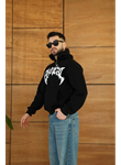 Erkek Kapüşonlu Sweatshirt  Hoodie 3 İplik Şardonlu Pamuklu Kumaş, Önü Baskılı, Fermuarlı Rahat Kalıp, Kışlık Ve Sokak Stili Sweat - Siyah