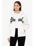 Oversize Kapüşonlu Sweatshirt Hoodie 3 İplik Şardonlu Pamuklu Kumaş, Önü Baskılı, Fermuarlı Rahat Kalıp, Kışlık Ve Sokak Stili Sweat - Beyaz