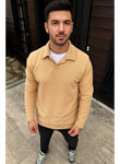 Erkek Fitilli Polar Sweatshirt – Düğmesiz Polo Yaka, Oversize Rahat Kalıp, Kalın Polar Kumaş, Kışlık Ve Baharlık Şık Günlük Üst - Bej