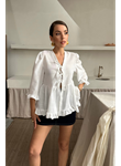 KETEN BLUZ ÖNDEN BAĞLAMALI FIRFIR DETAYLI - Beyaz