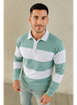 Erkek Polo Yaka Uzun Kollu Çizgili Sweatshirt Trend Rugby Stil - Çağla Yeşili