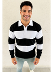 Erkek Polo Yaka Uzun Kollu Çizgili Sweatshirt Trend Rugby Stil - Siyah
