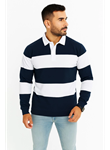 Erkek Polo Yaka Uzun Kollu Çizgili Sweatshirt Trend Rugby Stil - Lacivert