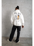 Oversize Üç İplik Şardonlu Kapüşonlu Sweatshirt – Beyaz “Other Lives” Ön Ve Arka Baskılı, Kanguru Cepli, Ribanalı Rahat Kışlık Model Beyaz