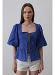 Kare Yaka Balon Kol Bluz - Mavi