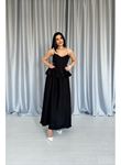 Siyah Beli Büzgülü İnci Askılı Uzun Elbise