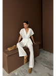 KETEN V YAKA BELDEN BAĞLAMALI BLUZ-PANTOLON TAKIM - Beyaz