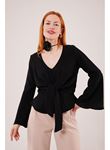 Ön Bağlamalı Volan Kol Siyah Bluz