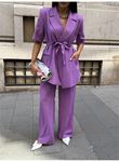 KISA KOL BAĞLAMA DETAYLI CEKET-PANTOLON TAKIM - Mor
