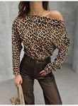 Kadın Leopar Desenli Düşük Omuzlu Bluz