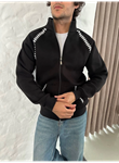 Erkek Oversize Dik Yaka Fermuarlı Sweatshirt - Zincir Nakışli Kanguru Cepli - Siyah