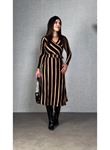 Kadın Uzun Kollu Kruvaze Yaka Kemer Dahil çizgili Triko Elbise