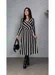 Kadın Uzun Kollu Kruvaze Yaka Kemer Dahil çizgili Triko Elbise