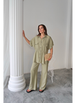 KETEN BELDEN BÜZGÜ DETAYLI GÖMLEK - PANTOLON TAKIM - Yeşil