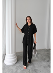KETEN BELDEN BÜZGÜ DETAYLI GÖMLEK - PANTOLON TAKIM - Siyah