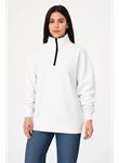 Üç İplik Dık Yaka Yarım Fermuarlı SweatShirt - Beyaz