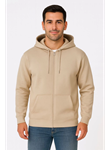 Erkek Üç İplik Kapüşonlu Tam Fermuarlı Kanguru Çepli SweatShirt Hoodie - Bej