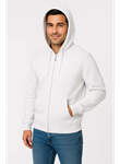 Erkek Üç İplik Kapüşonlu Tam Fermuarlı Kanguru Çepli SweatShirt Hoodie - Beyaz