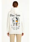 Üç İplik Kapşonlu ön Ve Arka Baskılı SweatShirt Hoodie- Beyaz