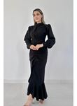 Siyah Volanlı Uzun Kol Elbise