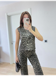 Leopar Desenli Düğmeli Bluzlu Pantolon İkili Takım -Leopar