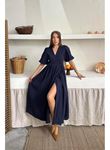 Lacivert Müslin Uzun Elbise