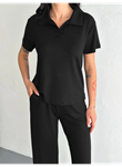 Osy Modal Yumuşak Dokulu Kumaş Kısa Kollu Yakalı T-shirt Pantalon Ikili Takım- Siyah
