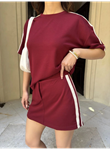 Osy Modal Yumuşak Dokulu Kumaş Parçalı Bisiklet Yaka T-shirt Mini Şortlu Etek İkili Takım -Bordo