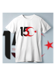 15 Temmuza Özel Tasarım Ay Yıldız Baskılı T-shirt - Beyaz