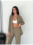 Yakalı Düğmeli Uzun Kollu Gömlek Pantolon Ikili Takım - Bej