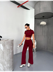 Osy Modal Yumuşak Dokulu Kumaş Kısa Kollu Crop Alt Ispanyol Paça Pantalon Ikili Takım - Bordo