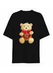 Sevgililer Günü İçin Özel Tasarım I Love You Ayı Baskılı T-shirt - Siyah