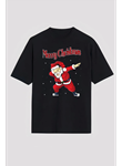 Merry Christmas Baskılı Noel Babalı T-shirt - Siyah