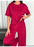 Osy Modal Yumuşak Dokulu Kumaş Bisiklet Yaka T-shirt Bol Paça Pantalon Ikili Takım -Bordo
