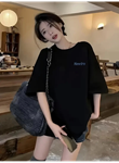 Baskılı Oversize Bisiklet Yaka T-shirt - Siyah
