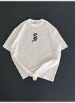 Baskılı Oversize Bisiklet Yaka T-shirt - Beyaz