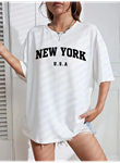 New York Baskılı Oversize Bisiklet Yaka T-shirt - Beyaz