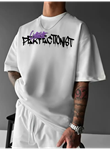 Baskılı Oversize Bisiklet Yaka T-shirt - Beyaz
