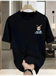 Baskılı Oversize Bisiklet Yaka T-shirt - Siyah