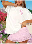 Fiyonk Baskılı Oversize Bisiklet Yaka T-shirt - Beyaz