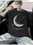Baskılı Oversize Bisiklet Yaka T-shirt - Siyah