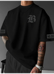 Baskılı Oversize Bisiklet Yaka T-shirt - Siyah