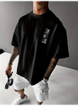 Baskılı Oversize Bisiklet Yaka T-shirt - Siyah