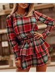 Kadın Ekose Kumaş Dijital Baskılı Uzun Kollu Mini Boy Elbise