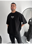 Baskılı Oversize Bisiklet Yaka T-shirt - Siyah